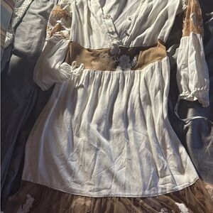 For Love & Lemons White and Tan Peasant Dress with Lace Accents